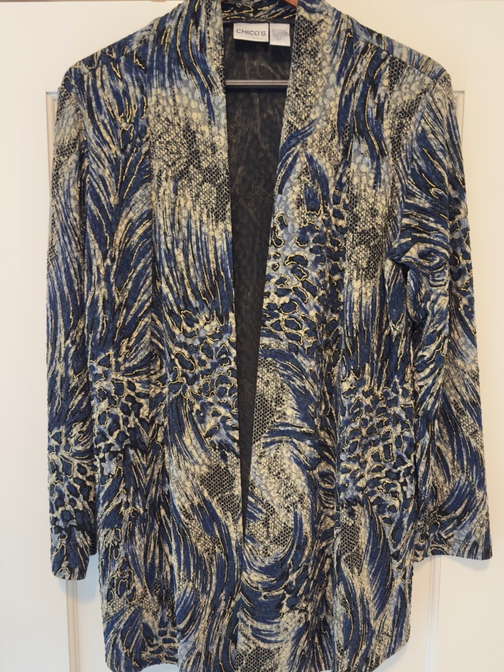 Chico's Lightweight Open Front Jacket Blue Gold Size 1